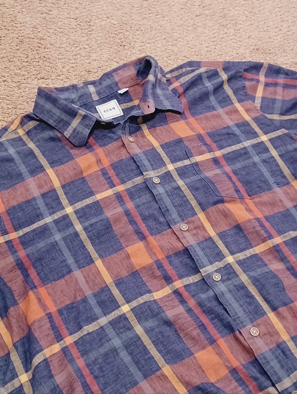 Rowm Men's Blue & Orange Plaid Button-Up Short Sleeved Shirt Mens Size XXL